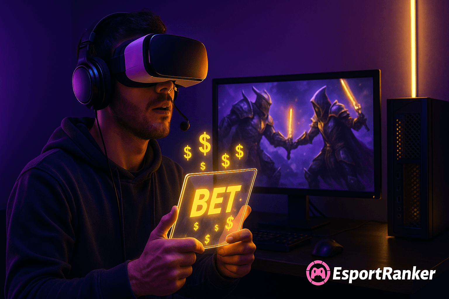 A young man wearing a VR headset holds a glowing "BET" tablet in a neon-lit gaming room
